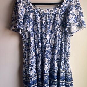 Aakaa Blue and White Floral Dress square neck mini floral